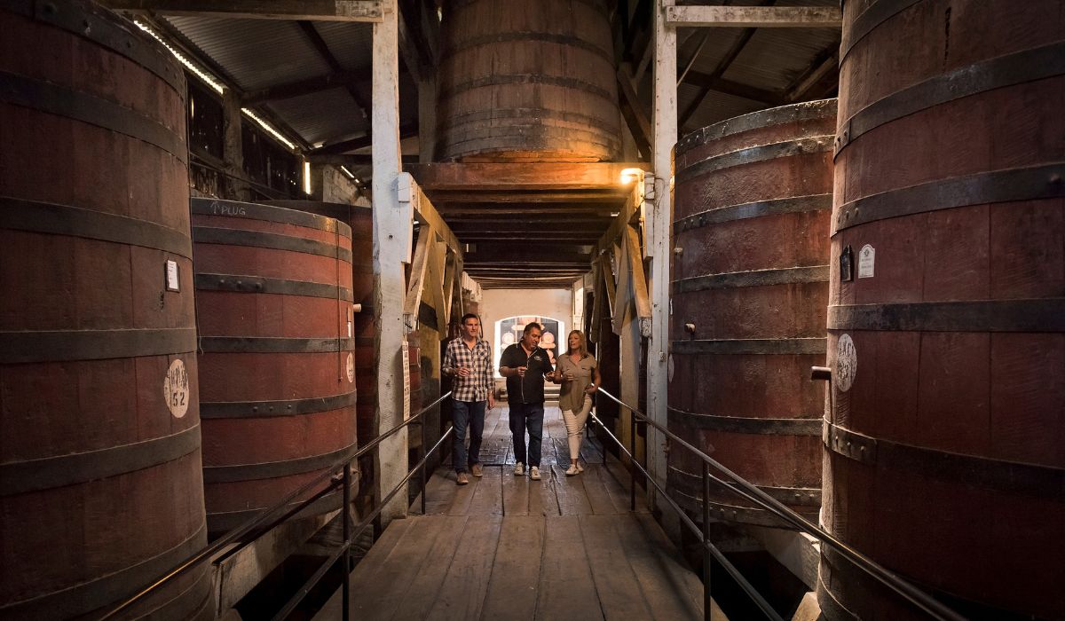 Three people surrounded by large barrels at Bleasdale Winery